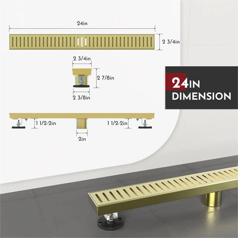 24 Inch Linear Shower Drain System With Capsule Pattern Grate And Removable Cover In Brushed Gold Pro Grade SUS304 Stainless Steel CUPC Certified