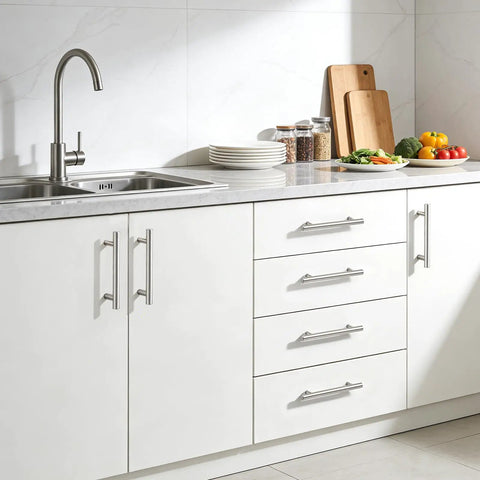 10 Pack 3-1/2 Inch Cabinet Pulls Sleek Stainless Steel Kitchen Cabinet Handles installed on white kitchen drawers and cupboards