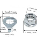 Three Eighth Inch Carbon Steel Bicycle Axle Nuts And Flange Shaft Nuts With Washers For Road And Mountain Bikes, dimensions shown