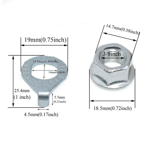 Three Eighth Inch Carbon Steel Bicycle Axle Nuts And Flange Shaft Nuts With Washers For Road And Mountain Bikes, dimensions shown
