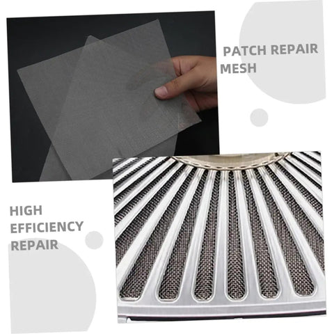 Ten Pack Upgraded Stainless Steel Mesh Screen Welding Mesh Reinforcing Wire For Car Bumpers And Plastic Parts Repair Quick Fix Easy Patch For Auto And Kayak Repairs shown in hand and a repair application example.