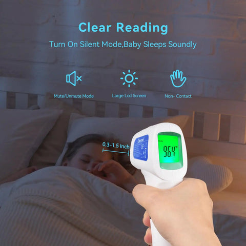 3 In 1 Non Contact Infrared Thermometer For Forehead Fever Check, Kid Friendly For Babies, Kids, And Adults, Also Reads Milk Food And Room Temperature, Backlit LCD, Fever Alarm, Batteries Not Included. Silent mode at bedside with baby sleeping