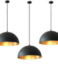15" Black and Gold Dome Pendant Lights, 3 Pack Industrial Farmhouse Textured Matte Black Hanging Light Fixtures with Hand-Applied Gold Leaf Interior for Kitchen Island, Dining Room, Bar, E26