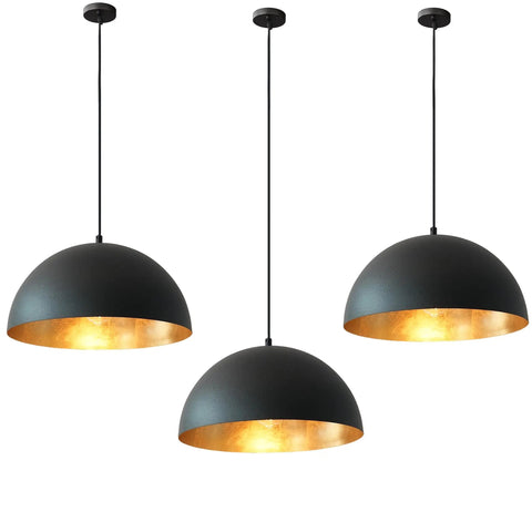 15" Black and Gold Dome Pendant Lights, 3 Pack Industrial Farmhouse Textured Matte Black Hanging Light Fixtures with Hand-Applied Gold Leaf Interior for Kitchen Island, Dining Room, Bar, E26