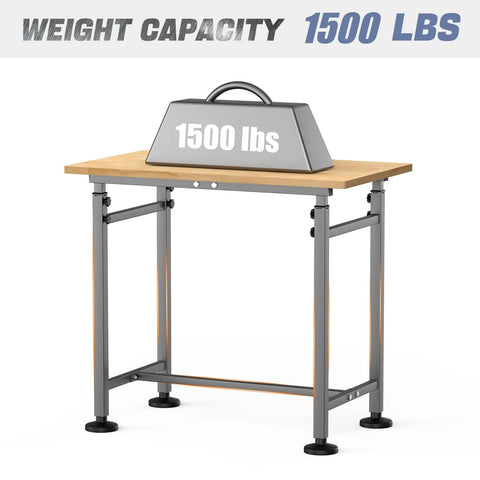 Beefy Heavy Duty Adjustable Height Workbench 32 By 18 Inch With Rubber Wood Top 1500 Lbs Load Capacity shown from front