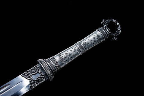 Textured alloy fittings of Xiuchun Dao Chinese Sabre Hand Forged Manganese Steel With Teak Wood Scabbard And Textured Alloy Fittings 42.9 Inches