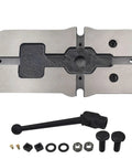 Industrial Precision Mill Vise With Rock Solid Clamping Force And Tough As Nails Cast Iron Jaws For Heavy Duty Milling Drilling And Machine Shop Projects top view of steel base with hardware components.