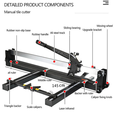 Manual Tile Cutter With Sliding Head, 1200mm Max Cut, featuring detailed components for porcelain ceramic wall bricks