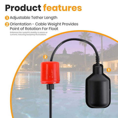 Plugless Float Switch IP68 Rated Automatic Water Level Controller with counterweight and non-corrosive PP casing.
