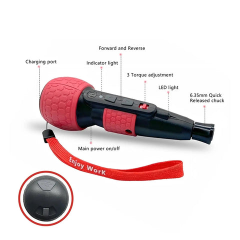 Tecjhjz Mini Electric Screwdriver Digital Torque Control With Led Light Rechargeable Lithium Battery For Home Repair Auto Moto Maintenance Compact Power Tool Adjustable Speed Precision Driver features labeled controls and charging port.