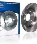 Front Brake Kit For Ford Focus 2008 2009 2010 2011 With Ceramic Brake Pads Premium Disc Rotors Front Wheel Hub Bearing Assembly Hardware Kit 4 Lug With ABS Encoder Replacement showing two premium disc rotors in packaging and standalone.