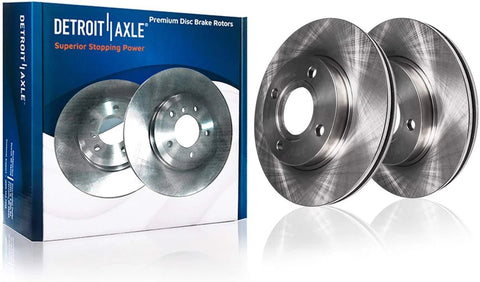 Front Brake Kit For Ford Focus 2008 2009 2010 2011 With Ceramic Brake Pads Premium Disc Rotors Front Wheel Hub Bearing Assembly Hardware Kit 4 Lug With ABS Encoder Replacement showing two premium disc rotors in packaging and standalone.