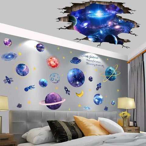 Two Pack Blue Cosmic Galaxy Wall Decals 3D Milky Way Planet Stickers for Living Room, 24x36 Inch Sheets, Eco Friendly PVC