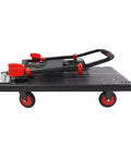 Heavy Duty Folding Hand Truck With Removable Wire Cage And Smooth Roll Wheels For Moving Furniture Groceries Or Pets Straight Up Multipurpose Cargo Dolly No Sweat Loading Heavy Gear Daily, folded side view with red handles.