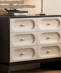 Gold Cabinet Knobs 2 Pack, Solid Brass Round Drawer Knobs for Kitchen Cabinets, shown on a dresser, Premium Modern Classic Finish