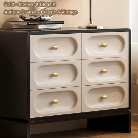 Gold Cabinet Knobs 2 Pack, Solid Brass Round Drawer Knobs for Kitchen Cabinets, shown on a dresser, Premium Modern Classic Finish