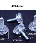 Clear Acrylic Furniture Feet Adjustable 1/4-20 Threaded Levelers Glides, 4 Pack Set with dimensions and thread size visible.