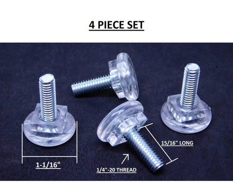 Clear Acrylic Furniture Feet Adjustable 1/4-20 Threaded Levelers Glides, 4 Pack Set with dimensions and thread size visible.