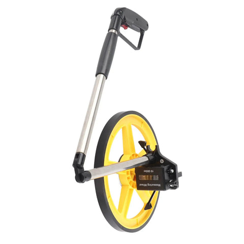 Rugged Workhorse Mechanical Range Measuring Wheel Crushing Miles And Inches Up To Ninety Nine Hundred Ninety Nine Feet With Nifty Led Meter and Foldable Grip, showcasing the yellow wheel and foldable handle.
