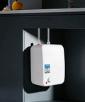 Compact Electric Hot Water Heater Featuring Instant Mini Storage Boiler 1500W under kitchen sink with sleek design.