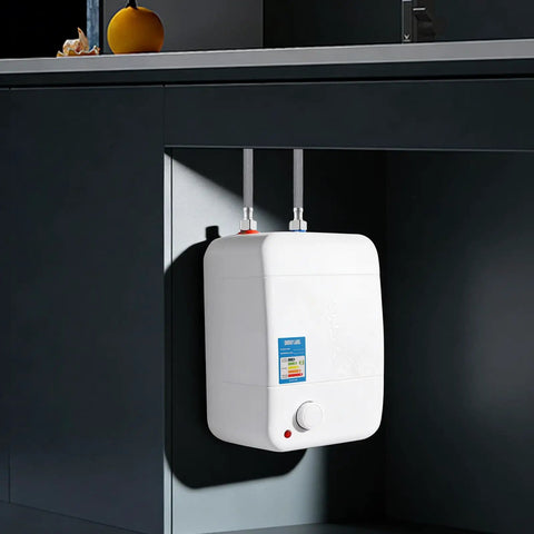 Compact Electric Hot Water Heater Featuring Instant Mini Storage Boiler 1500W under kitchen sink with sleek design.
