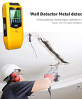 Handheld Stud Finder Sensor LCD Display Portable Wall Scanner Detector with LCD screen in use on exposed ceiling wires.