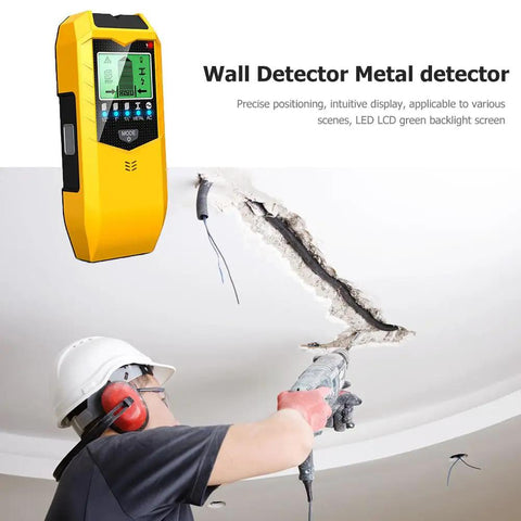 Handheld Stud Finder Sensor LCD Display Portable Wall Scanner Detector with LCD screen in use on exposed ceiling wires.