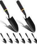 8 Piece Garden Hand Trowels Set With Pro Grade Heavy Duty Carbon Steel Shovels And Resin Rubberized Handles displayed in a row