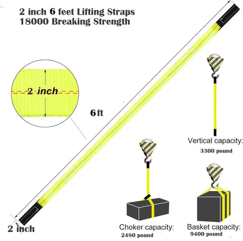6 Ft Long By 2 In Wide Tow Strap With Reinforced Eyes, Heavy Duty Vehicle Recovery Rope, 10,000 Lbs Capacity, diagram and specs.