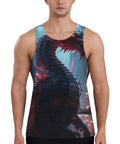 Mens Quick Dry Sleeveless Tank Top Featuring A Sick Urban Mechanical Dragon Print Lightweight Gym Vest That Beats The Heat For Fresh Workout Drip And Beach Days In Solid Black, model wearing the vibrant dragon print.