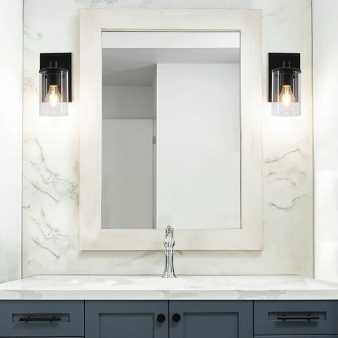 Farmhouse 4 Light Matte Black Bathroom Vanity Light With Clear Tubular Glass Shades Over Mirror Wall Fixture Dope Industrial Vibe Hardwired Up Or Down Mount For Bath And Bedroom