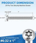 Top Notch 25 Piece Set Of Size 6-32 X One Inch Torx Security Machine Screws Built With Hella Tough 304 Stainless Steel Button Head Bolts For Rust Free And Tamper Proof Hardware Needs with dimensions.