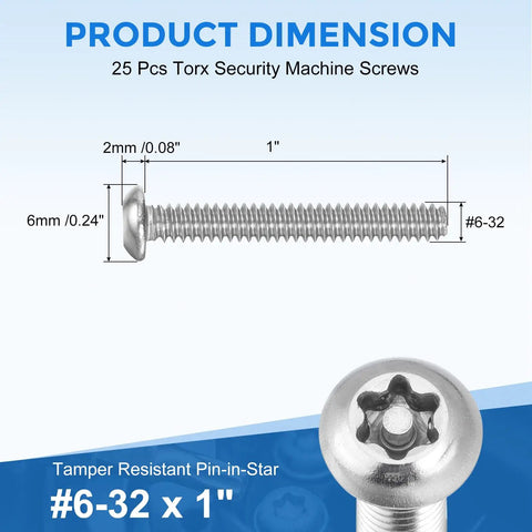 Top Notch 25 Piece Set Of Size 6-32 X One Inch Torx Security Machine Screws Built With Hella Tough 304 Stainless Steel Button Head Bolts For Rust Free And Tamper Proof Hardware Needs with dimensions.