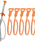 Six Pack Heavy Duty Drain Snake Set With Five Plastic And One Stainless Steel Hair Clog Remover For Toilet Kitchen Sink Bathtub And Sewer Busts Stubborn Jams Fast includes five orange plastic snakes and one metal tool.
