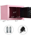 Electronic Digital Safe Box 0.23 Cubic Feet With Keypad Lock Pry-Resistant Built Like A Tank Sturdy Alloy Steel Cabinet Safe in pink open with dimensions shown