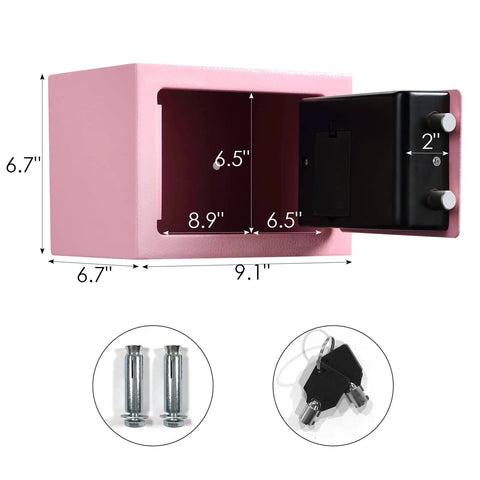 Electronic Digital Safe Box 0.23 Cubic Feet With Keypad Lock Pry-Resistant Built Like A Tank Sturdy Alloy Steel Cabinet Safe in pink open with dimensions shown