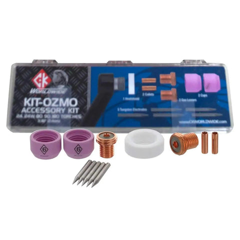 OZMO TIG Accessory Kit For Welders - Comprehensive Spare Parts Set with collets, tips, tungsten electrodes, and packaging.