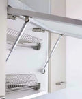Open cabinet with 10 Pack Hydraulic Cabinet Lift Supports With Gas Struts For Doors 100N Approximately 23 Pounds Includes 50 Mounting Screws