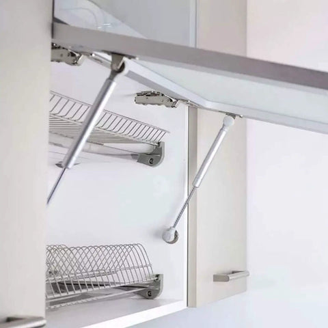 Open cabinet with 10 Pack Hydraulic Cabinet Lift Supports With Gas Struts For Doors 100N Approximately 23 Pounds Includes 50 Mounting Screws