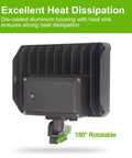 Back view of 2 Pack 100W LED Flood Light With Knuckle Outdoor Dusk To Dawn Photocell 5000K 14000 Lumens ETL showing heat dissipation feature