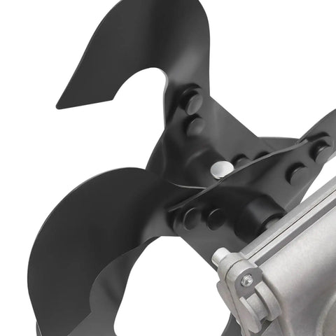 Close-up of black steel blades on Gas Powered Tiller With Wheels 63cc 4 Stroke Cultivator 4HP Mini Rototiller, showing sharp metal edges.