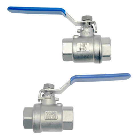 Heavy Duty NPT Female 316 Stainless Steel Full Port Ball Valve with Vinyl Handle, Half Inch, showing 1/2" and 1000 WOG markings.