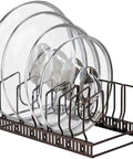 Sturdy Pot Lid Storage Rack With Seven Adjustable Compartments For Countertops And Cabinets Keeping Bakeware Pan Covers And Plates Super Secure Zero Hassle Kitchen Game Changer Slick Design Brown with glass lids organized.