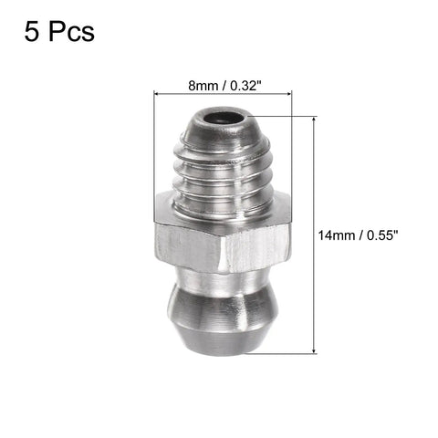 304 Stainless Steel Straight Grease Fittings M6 X 1mm Thread Hydraulic Grease Fittings Kit 5 Pieces close-up view with measurements