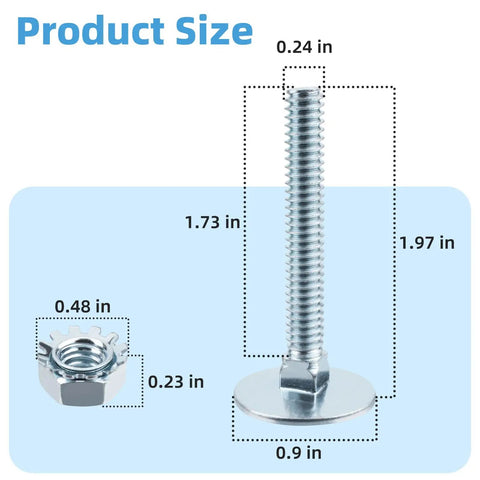 Built Tough 2 Inch Stainless Steel Elevator Bolt And Nut Kit Including 10 Heavy Duty Pieces Designed For Zero Hassle Mounting On Commercial Truck Rolling Doors And High Speed Elevating Door Tracks, showing size dimensions.