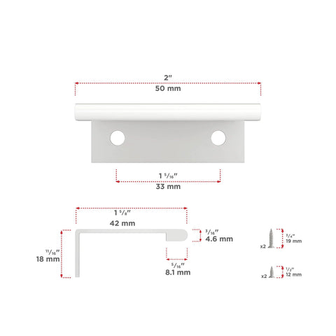Diagram of Lincoln Collection 1 5/16-Inch Center-To-Center White Modern Cabinet And Drawer Edge Pull Handle with detailed measurements.