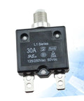 Front view of 30A 50Vdc circuit breaker with metal screw mount, used for automotive, marine, and RV safety applications.