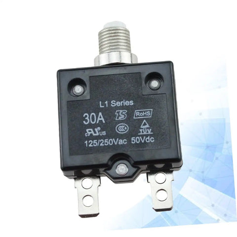 Front view of 30A 50Vdc circuit breaker with metal screw mount, used for automotive, marine, and RV safety applications.