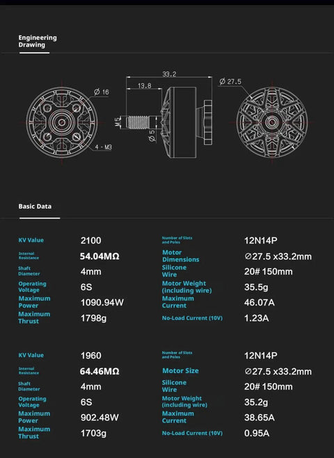 Technical drawing and specifications of 6S Brushless Motor 5 Inch For FPV Drone DIY 4 Pack 1750kv Axisflying Compatible