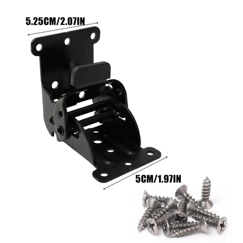 Three Piece Black Folding Table Braces With 180 Degree Self Lock Hinges For No Sweat Quick Install showing dimensions and screws.
